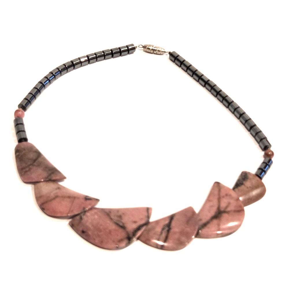 Hematite & Likely Rhodonite Stone Necklace Geometric Statement Necklace 17.5"